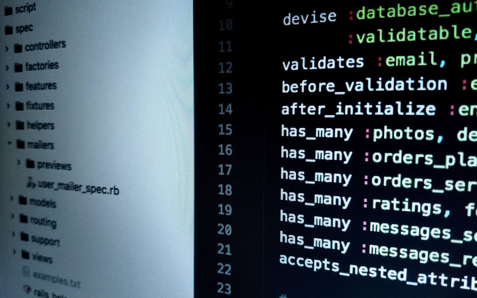 Ruby on Rails model code with has_many associations next to a file directory tree