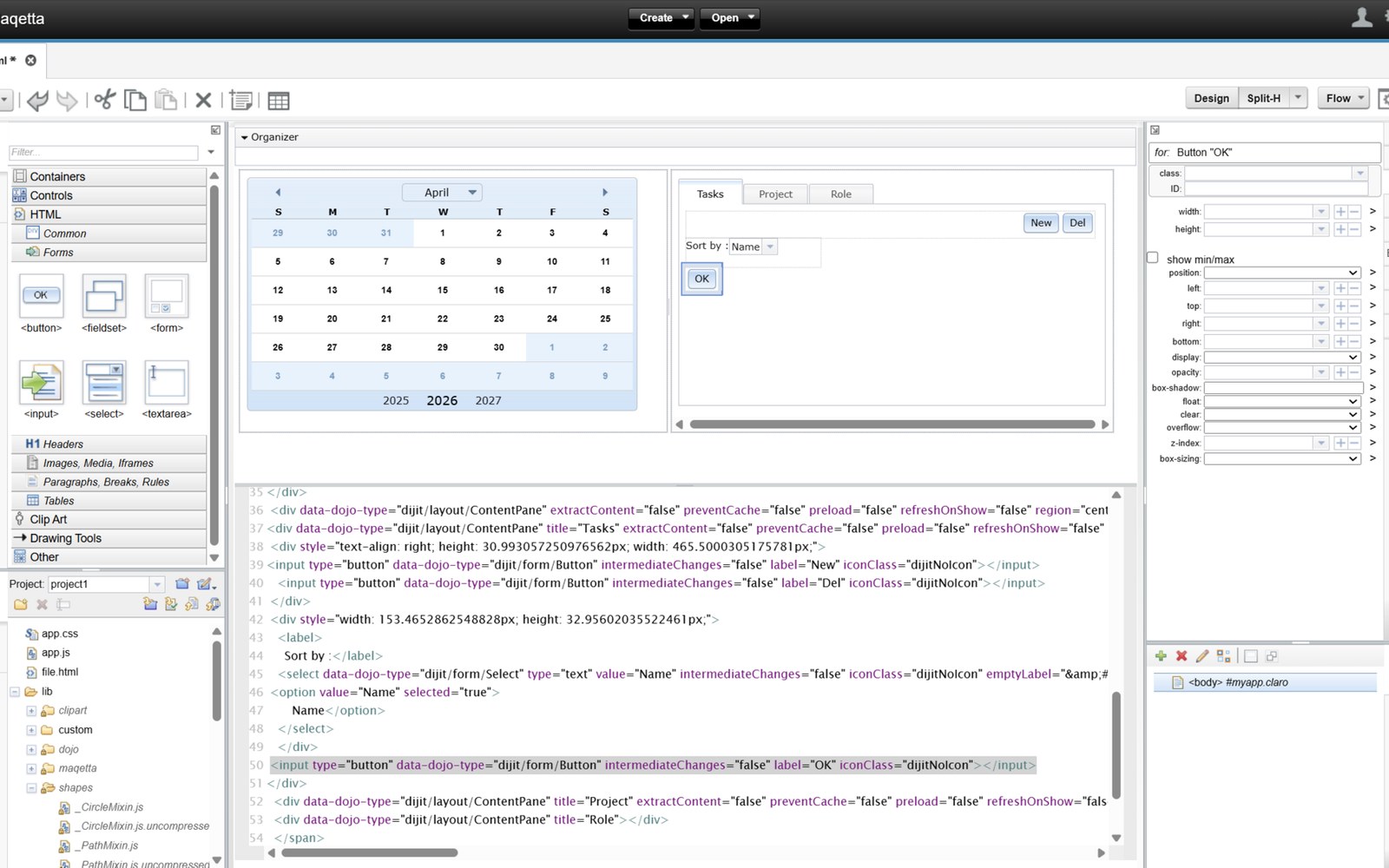 Screenshot of the Maqetta visual editor showing a calendar widget, task panel, and HTML code editor